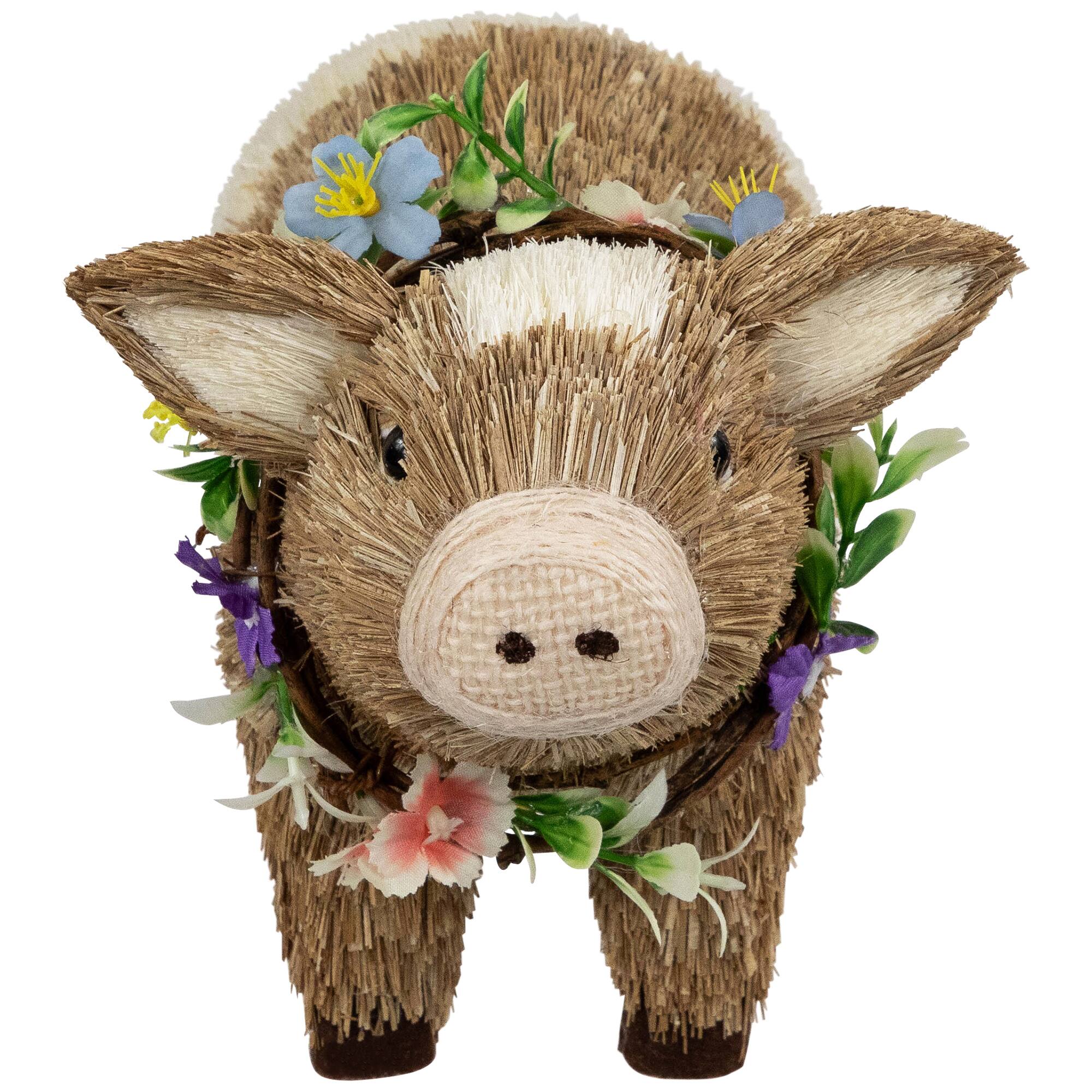 10.25" Brown & Beige Boy Piglet with Floral Wreath Spring Figurine